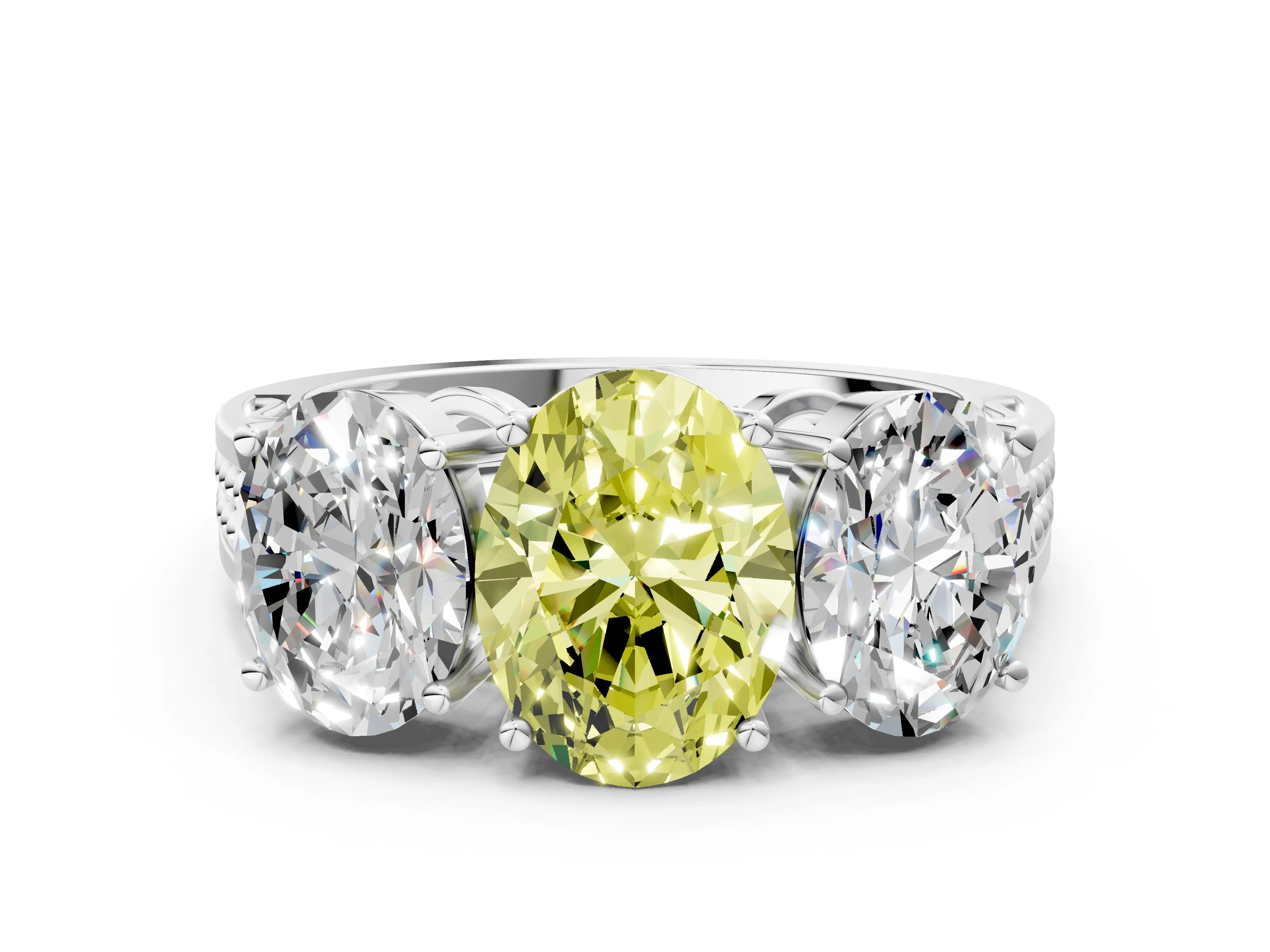 White gold Fancy Yellow Oval Cut Diamond Three-Stone Ring with Prong Setting and Textured Band_12