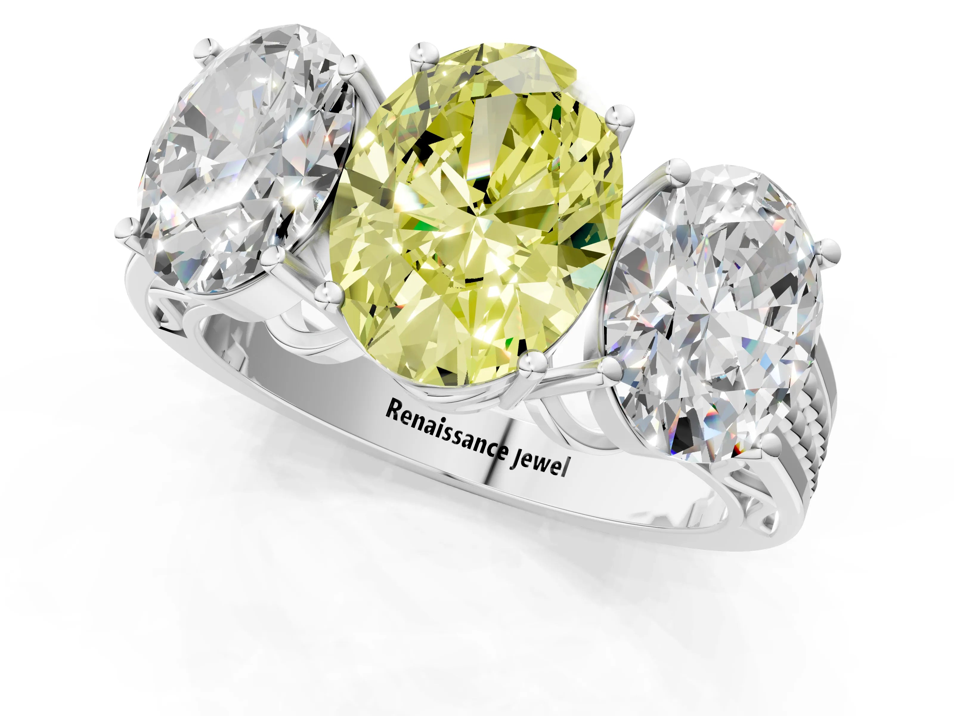 White gold Fancy Yellow Oval Cut Diamond Three-Stone Ring with Prong Setting and Textured Band_13