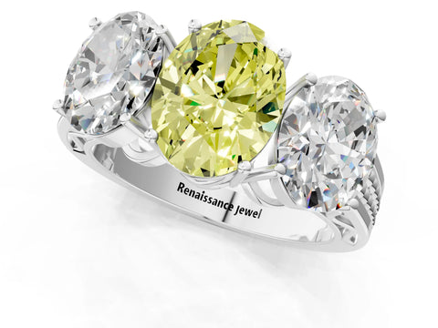 White gold Fancy Yellow Oval Cut Diamond Three-Stone Ring with Prong Setting and Textured Band_13