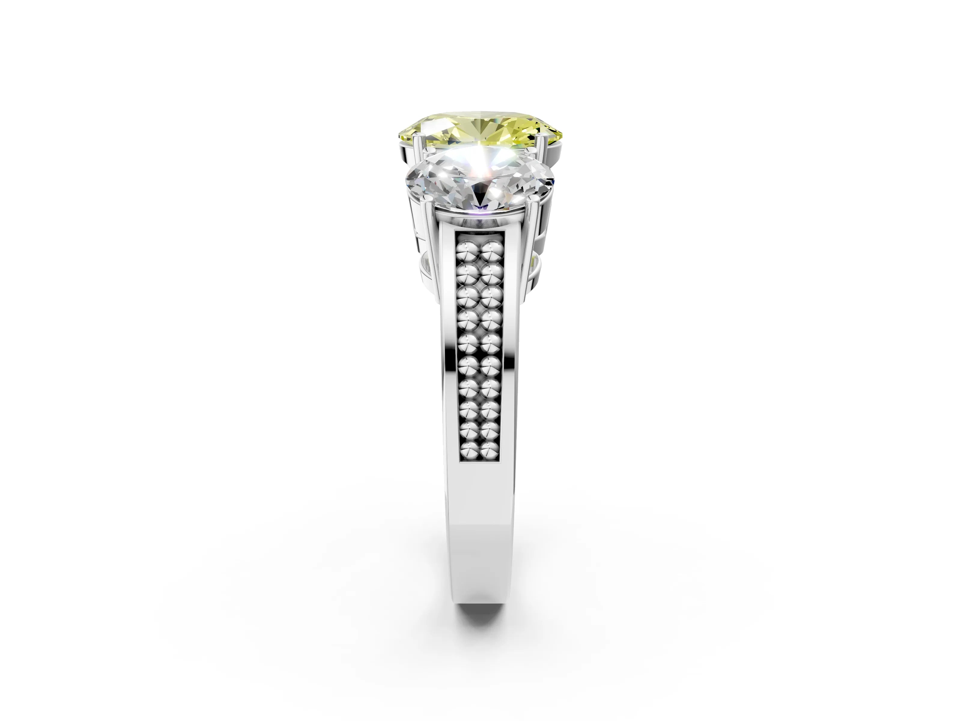 White gold Fancy Yellow Oval Cut Diamond Three-Stone Ring with Prong Setting and Textured Band_14