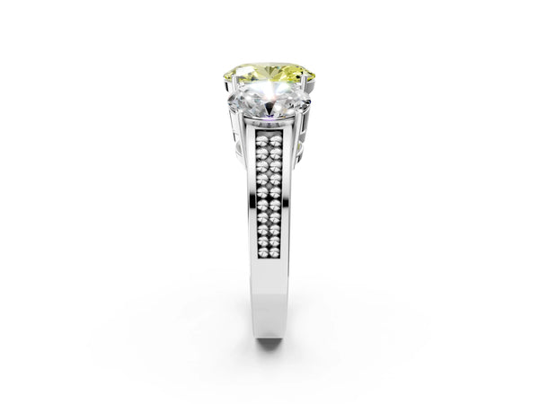 Platinum Fancy Yellow Oval Cut Diamond Three-Stone Ring with Prong Setting and Textured Band
