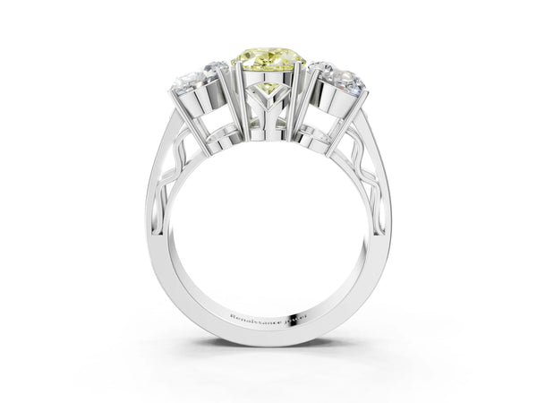 Platinum Fancy Yellow Oval Cut Diamond Three-Stone Ring with Prong Setting and Textured Band