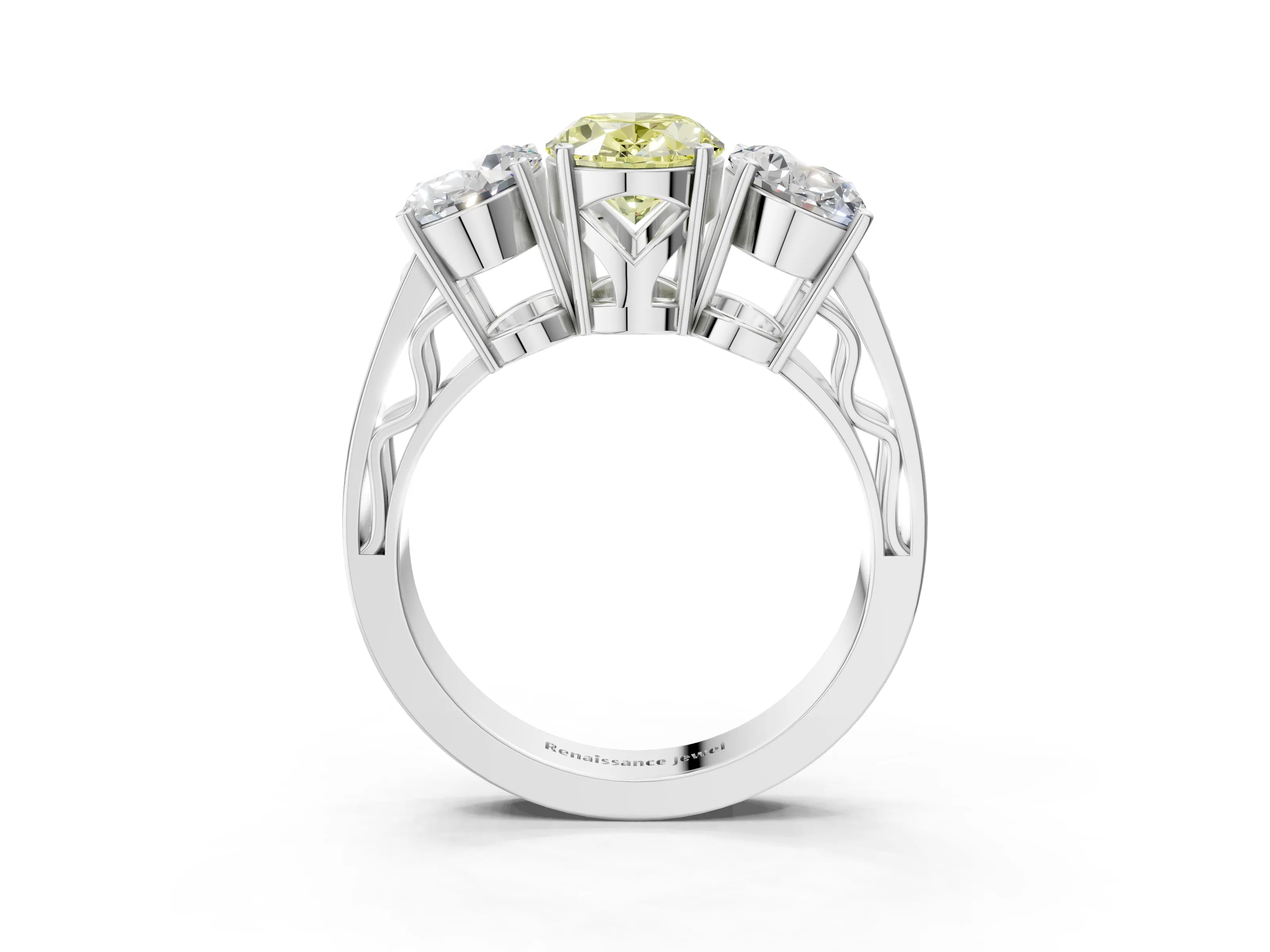White gold Fancy Yellow Oval Cut Diamond Three-Stone Ring with Prong Setting and Textured Band_15
