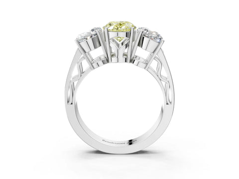 White gold Fancy Yellow Oval Cut Diamond Three-Stone Ring with Prong Setting and Textured Band_15