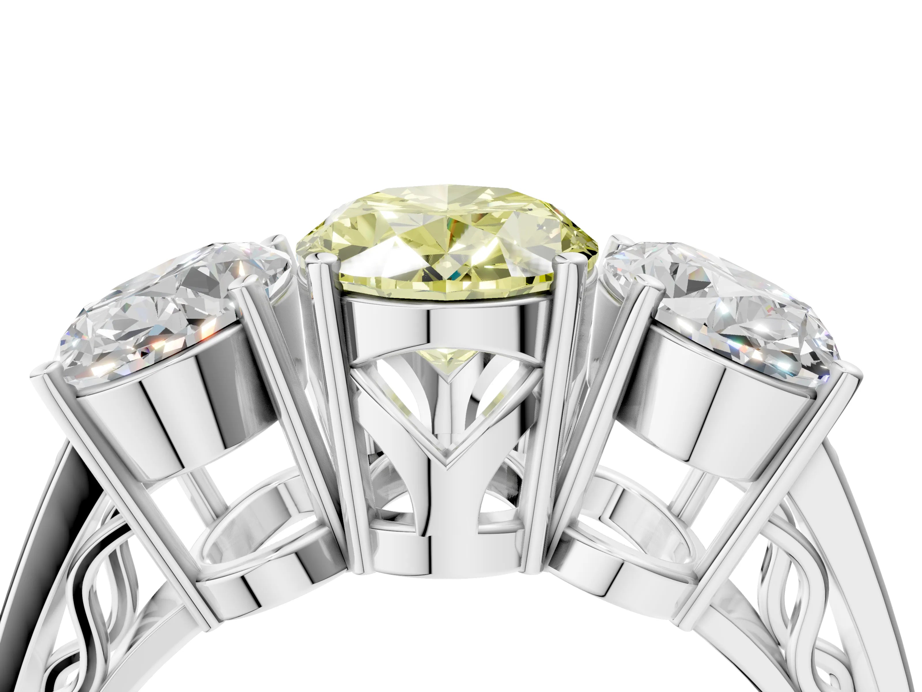 White gold Fancy Yellow Oval Cut Diamond Three-Stone Ring with Prong Setting and Textured Band_16