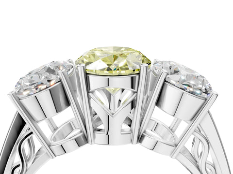 White gold Fancy Yellow Oval Cut Diamond Three-Stone Ring with Prong Setting and Textured Band_16