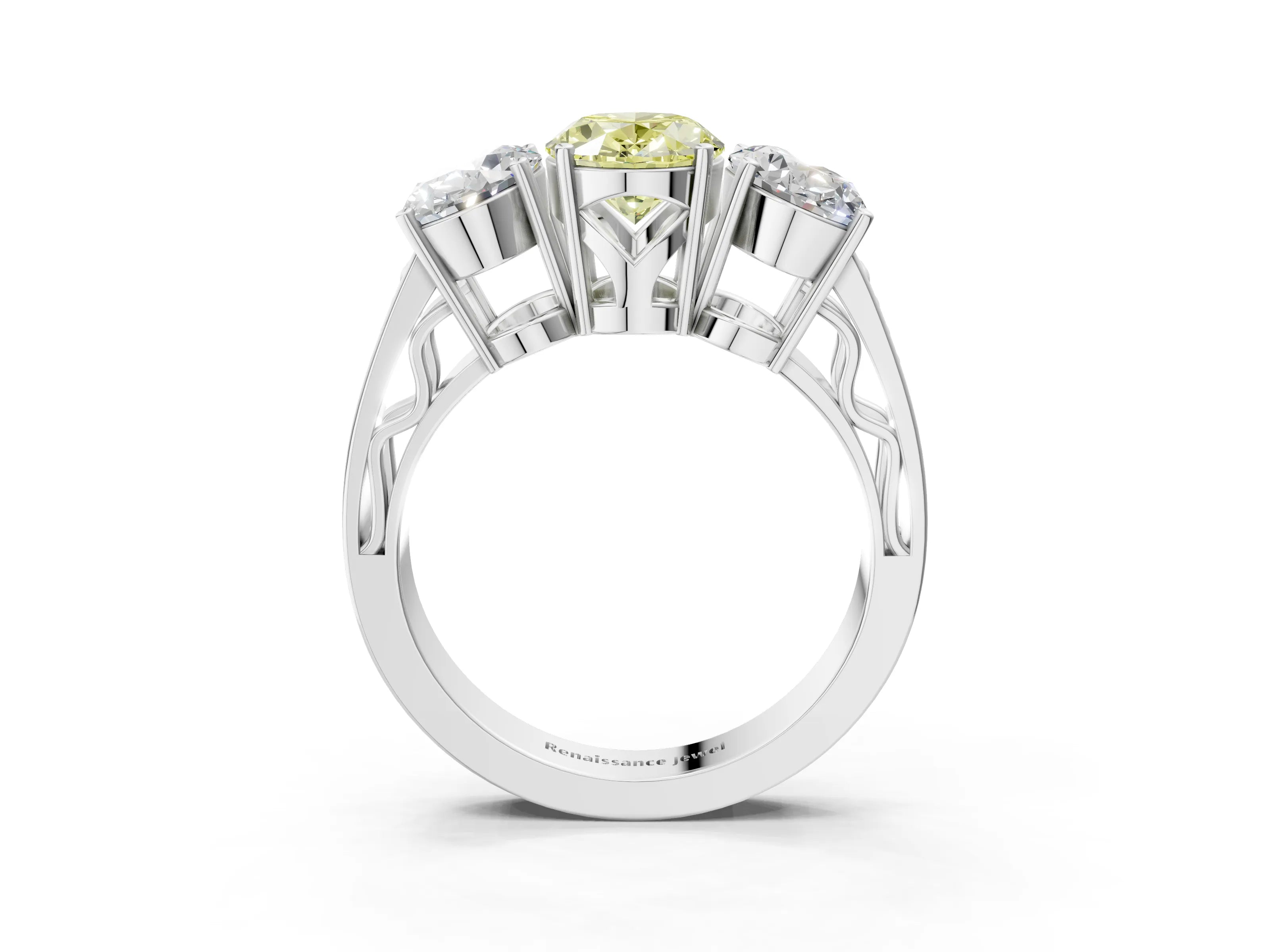 White gold Fancy Yellow Oval Cut Diamond Three-Stone Ring with Prong Setting and Textured Band_3