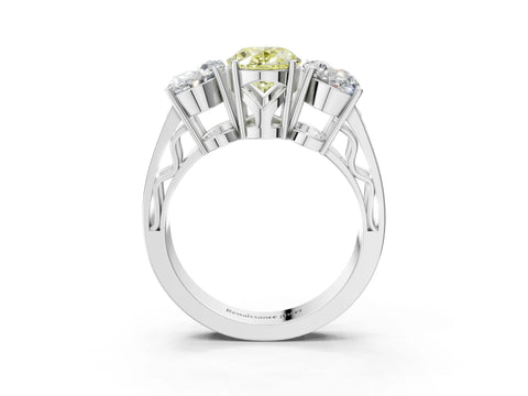 White gold Fancy Yellow Oval Cut Diamond Three-Stone Ring with Prong Setting and Textured Band_3