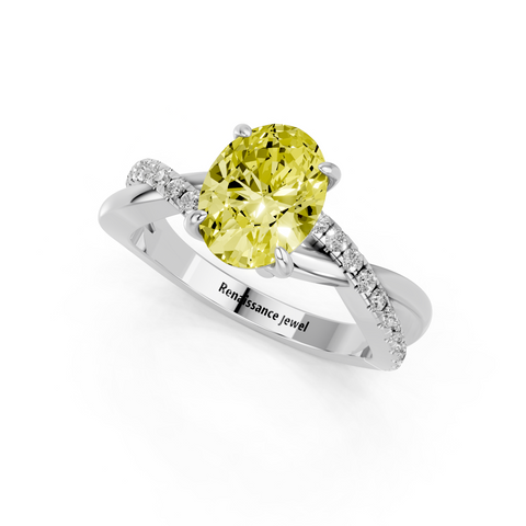 White gold Fancy Yellow Oval  Cut Diamond Twist Band Solitaire with Prong Setting_3