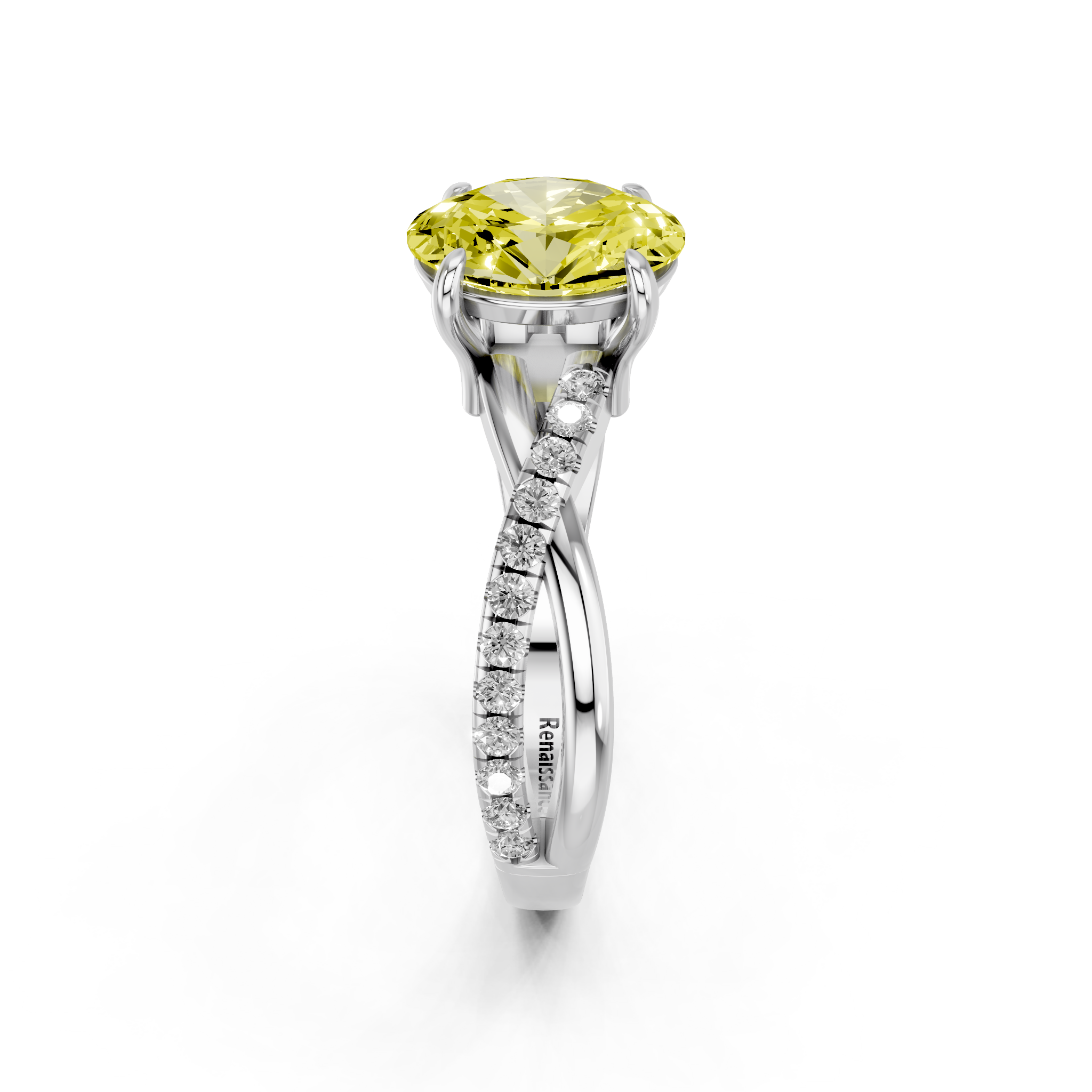 White gold Fancy Yellow Oval  Cut Diamond Twist Band Solitaire with Prong Setting_4