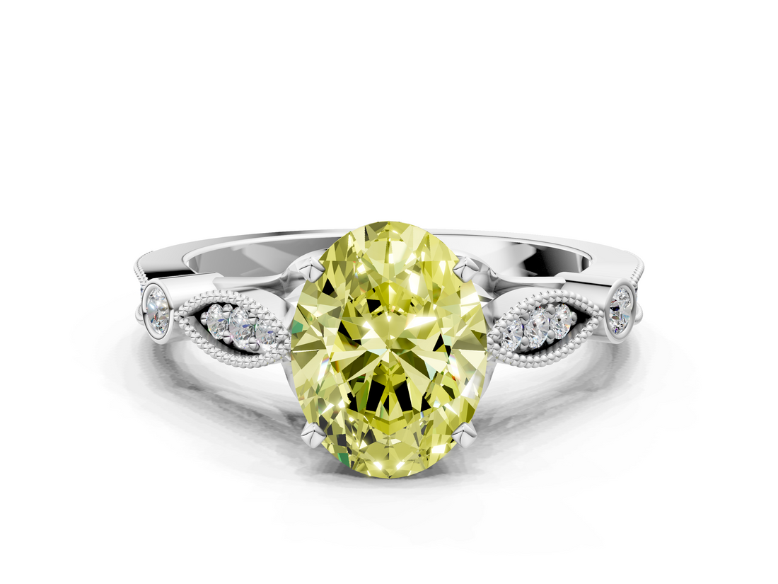 White gold Fancy Yellow Oval  Cut Diamond with Milgrain Marquise and Bezel Accents on a Solitaire Band with Prong Setting_225