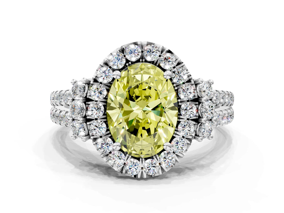 White gold Fancy Yellow Oval  Cut Double Halo Diamond Engagement Ring with Pave Band and Four-Prong Setting_54