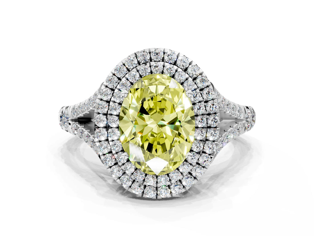 White gold Fancy Yellow Oval  Cut Double Halo Split Shank Diamond Ring with Prong Setting_49
