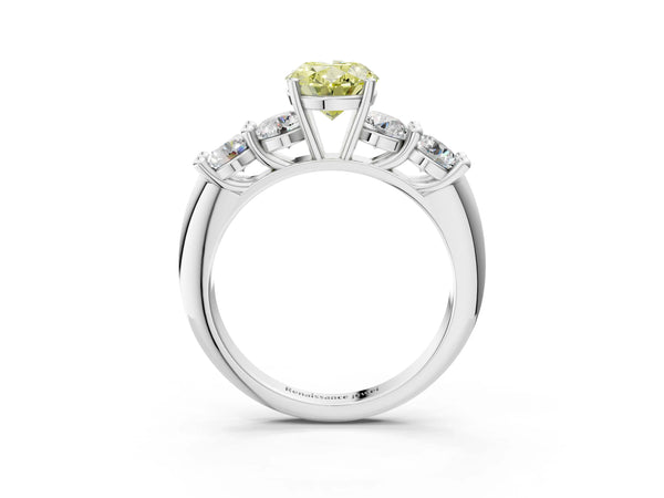 Platinum Fancy Yellow Oval  Cut Five-Stone Prong Set Diamond Ring with Classic Band