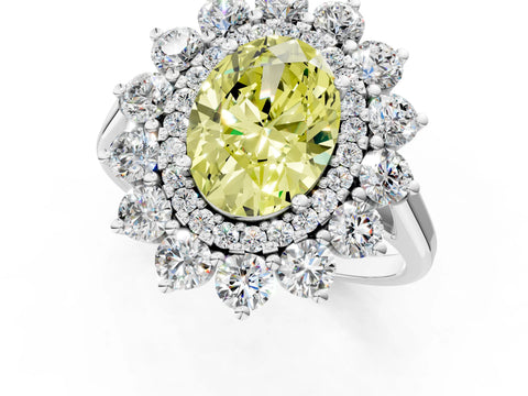 White gold Fancy Yellow Oval Cut Halo Cluster Diamond Ring with Pave Band and Four-Prong Setting_13