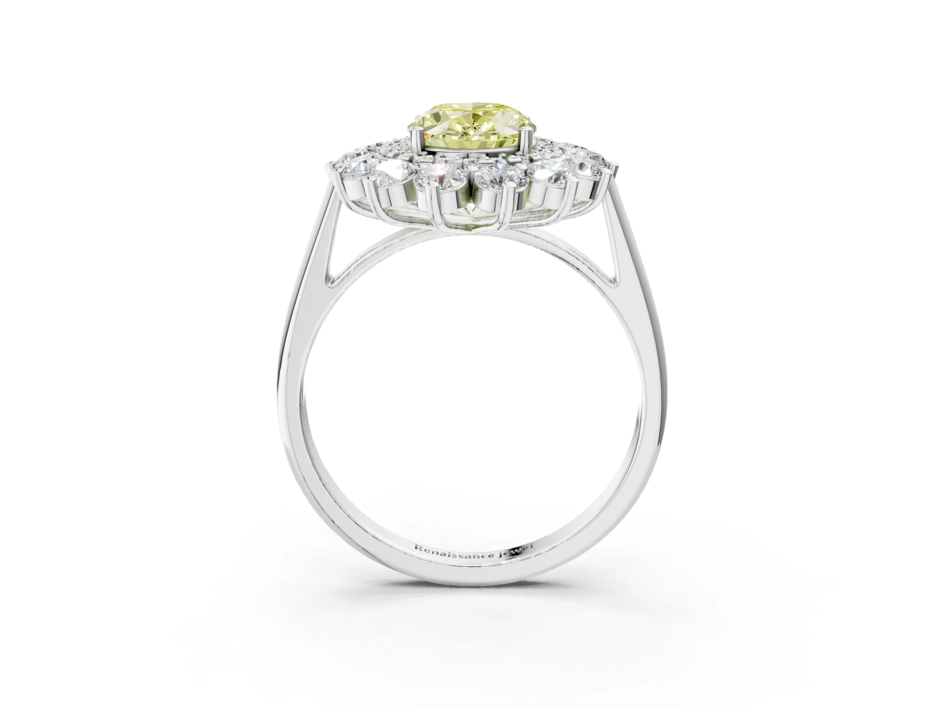 White gold Fancy Yellow Oval Cut Halo Cluster Diamond Ring with Pave Band and Four-Prong Setting_15