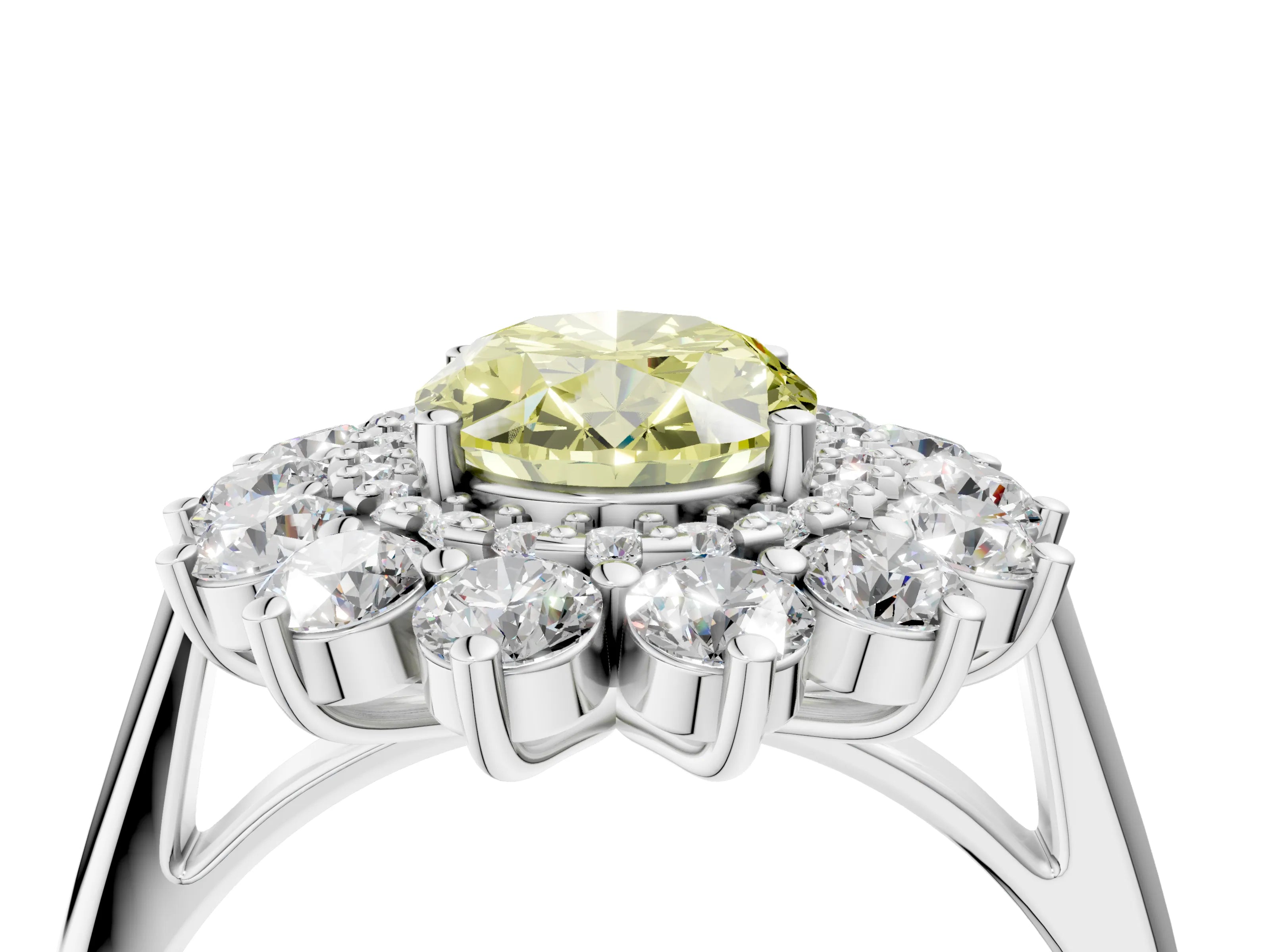 White gold Fancy Yellow Oval Cut Halo Cluster Diamond Ring with Pave Band and Four-Prong Setting_16