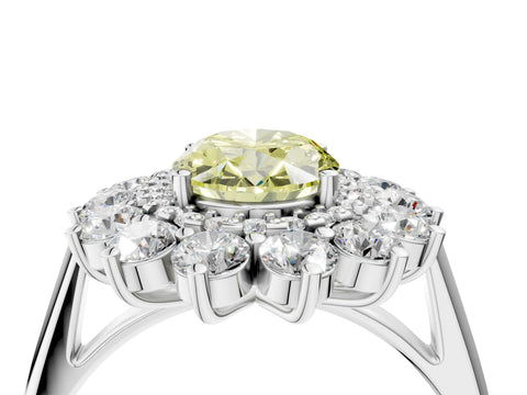 White gold Fancy Yellow Oval Cut Halo Cluster Diamond Ring with Pave Band and Four-Prong Setting_16