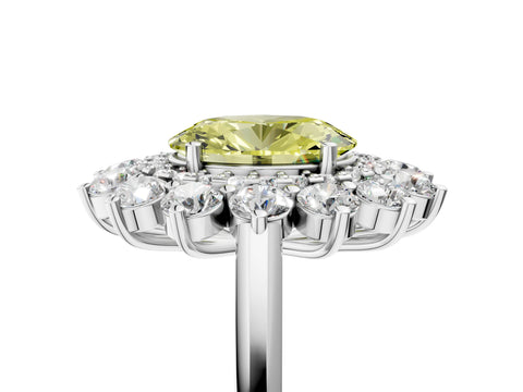 White gold Fancy Yellow Oval Cut Halo Cluster Diamond Ring with Pave Band and Four-Prong Setting_17