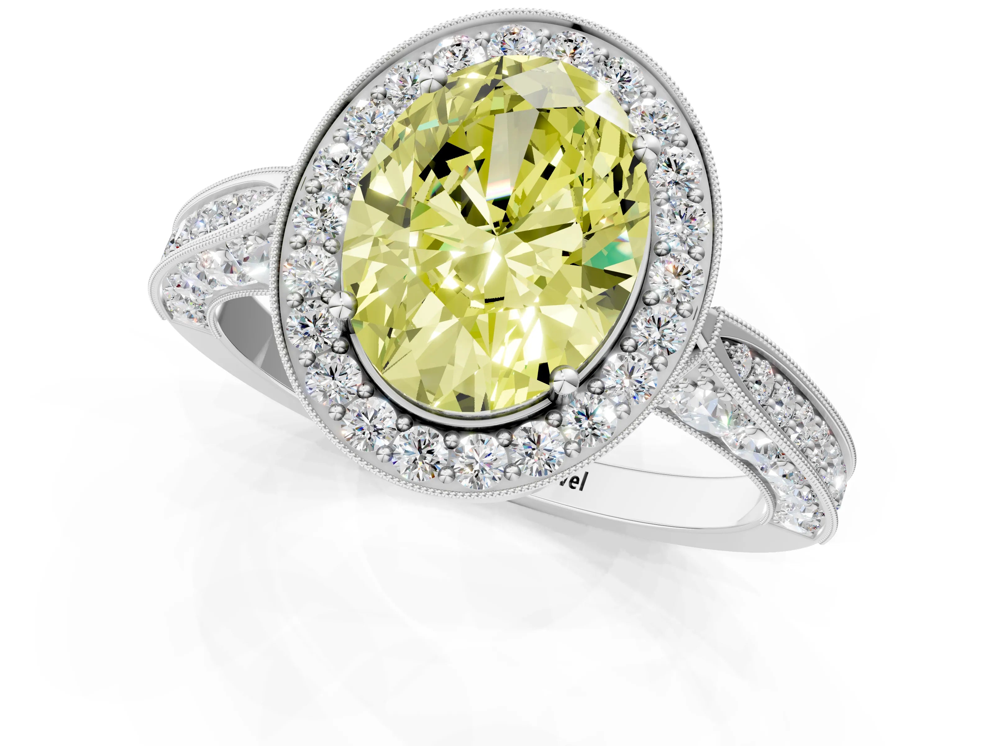 White gold Fancy Yellow Oval Cut Halo Diamond Engagement Ring with Split Shank Band and Four-Prong Setting_13