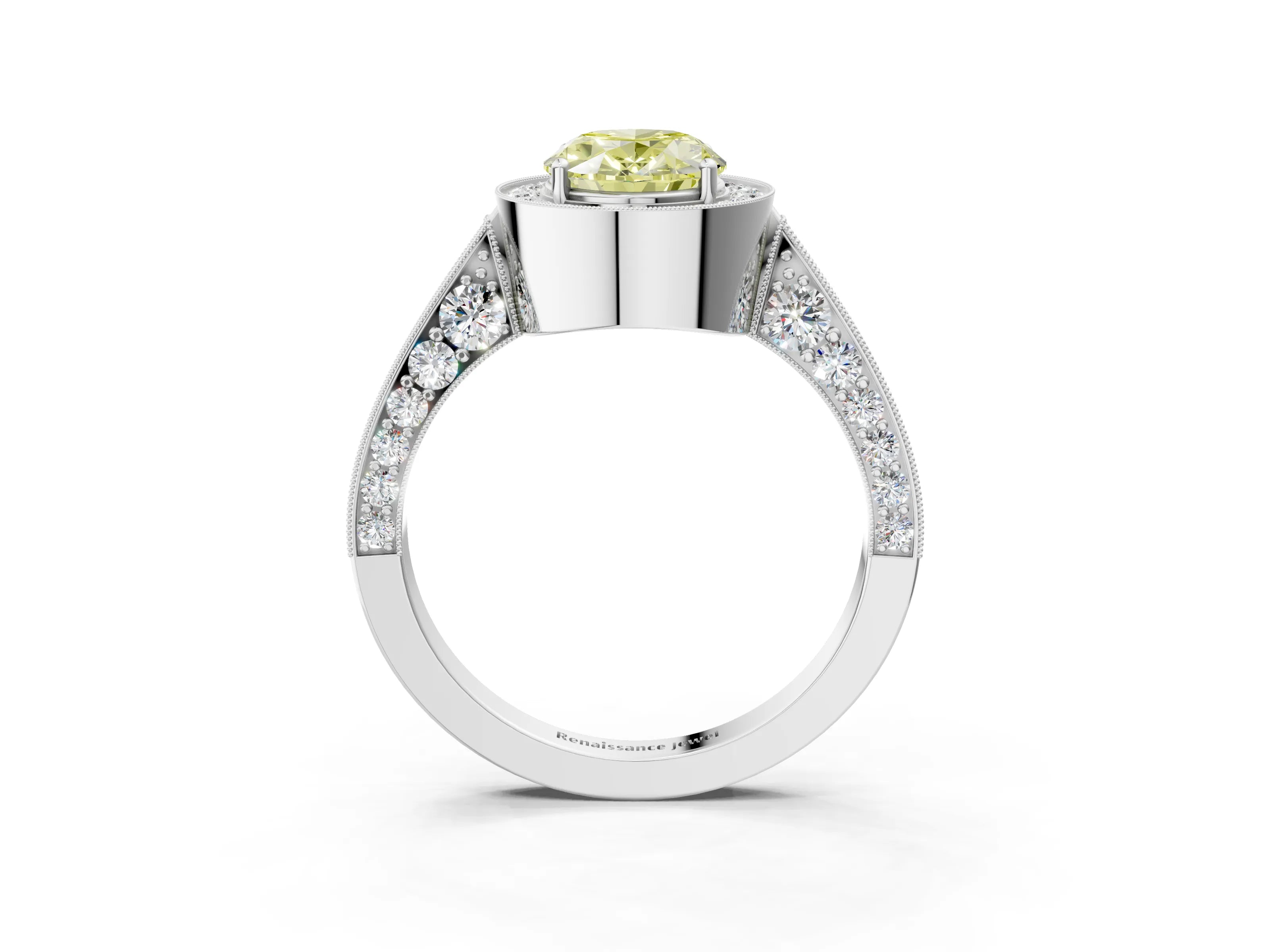 White gold Fancy Yellow Oval Cut Halo Diamond Engagement Ring with Split Shank Band and Four-Prong Setting_15