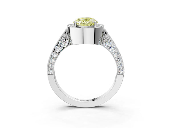 Platinum Fancy Yellow Oval Cut Halo Diamond Engagement Ring with Split Shank Band and Four-Prong Setting