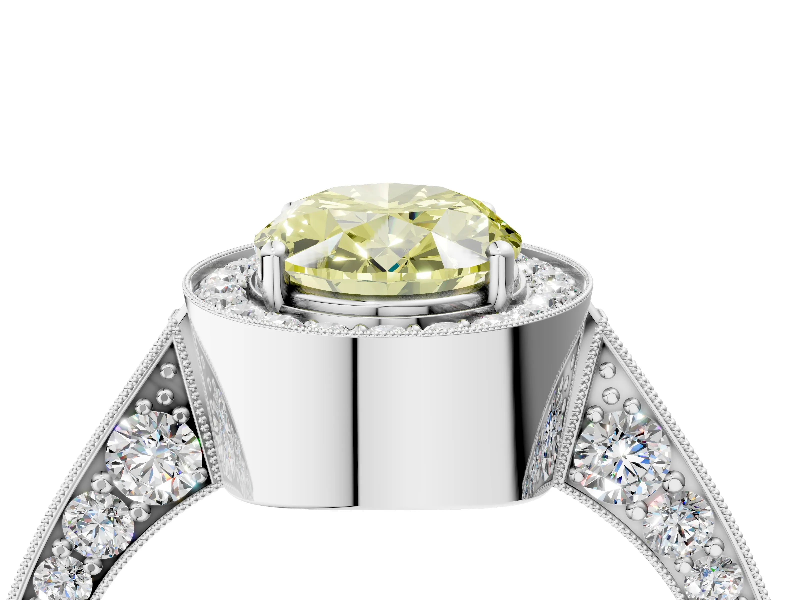 White gold Fancy Yellow Oval Cut Halo Diamond Engagement Ring with Split Shank Band and Four-Prong Setting_16