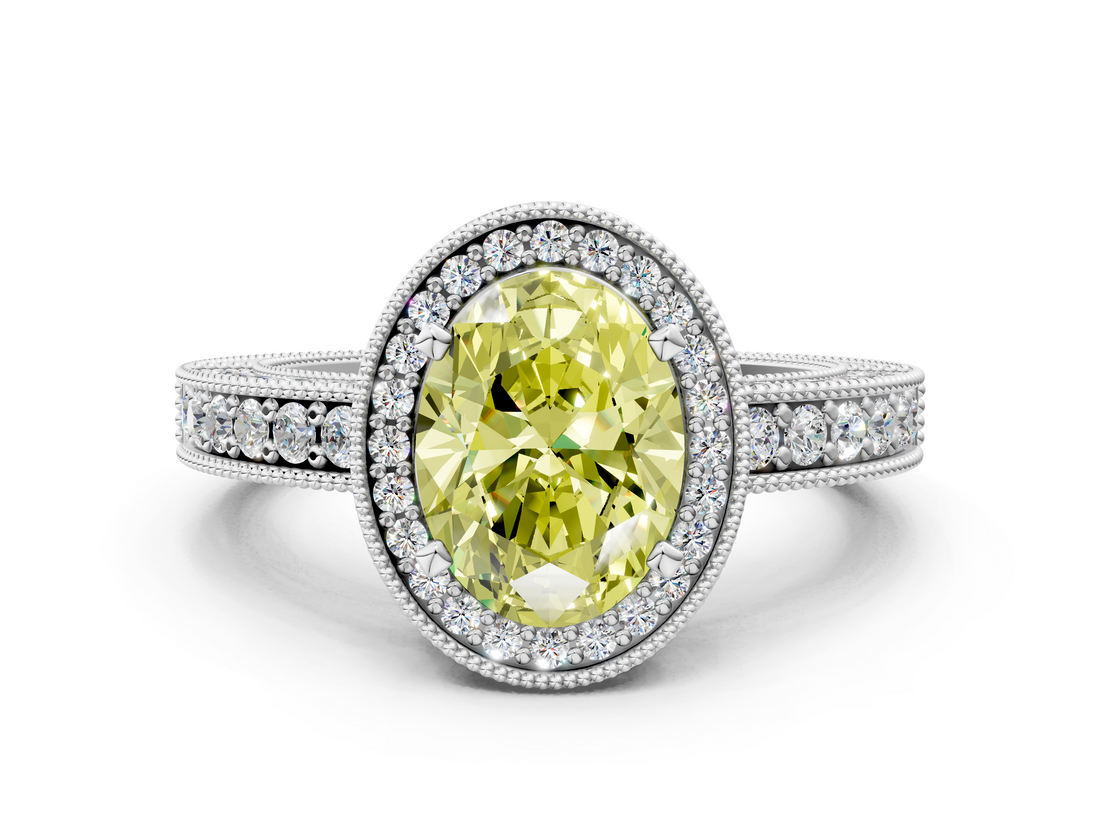 White gold Fancy Yellow Oval  Cut Halo Diamond Pave Band Ring with Four-Prong Setting_45