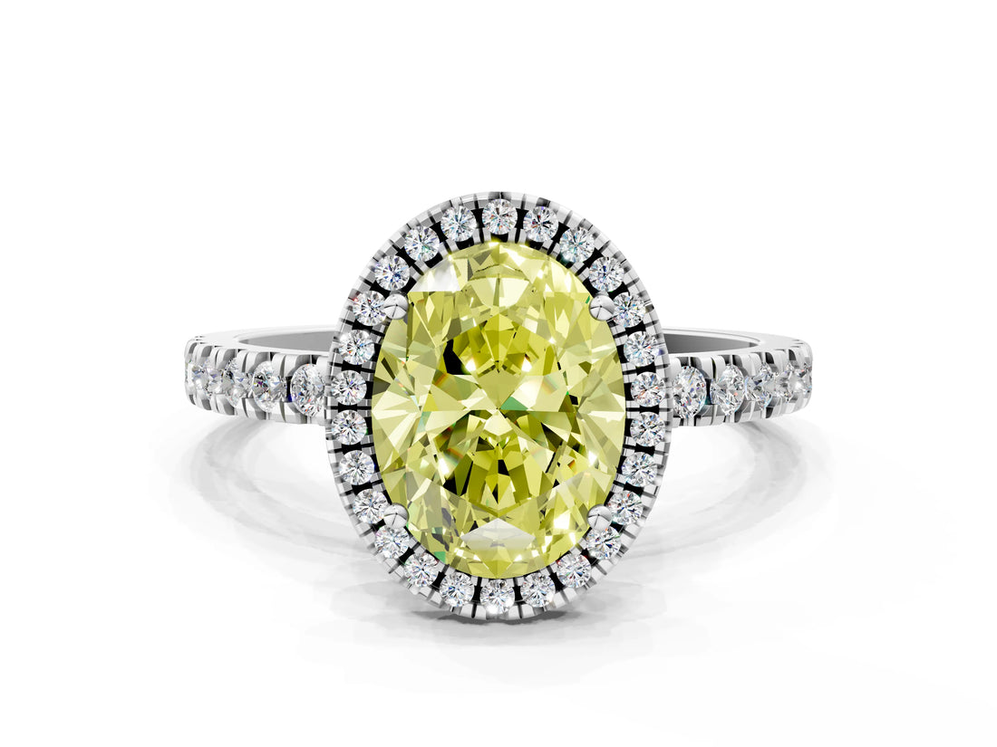 White gold Fancy Yellow Oval Cut Halo Diamond Pave Band with Prong Setting_12
