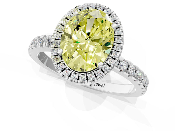 Platinum Fancy Yellow Oval Cut Halo Diamond Pave Band with Prong Setting