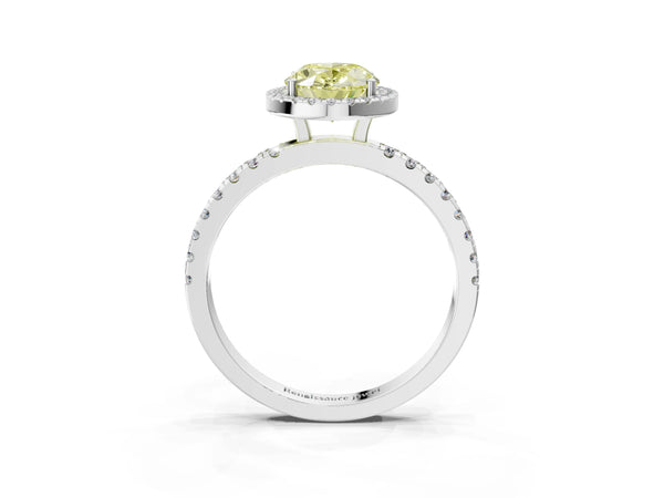 Platinum Fancy Yellow Oval Cut Halo Diamond Pave Band with Prong Setting