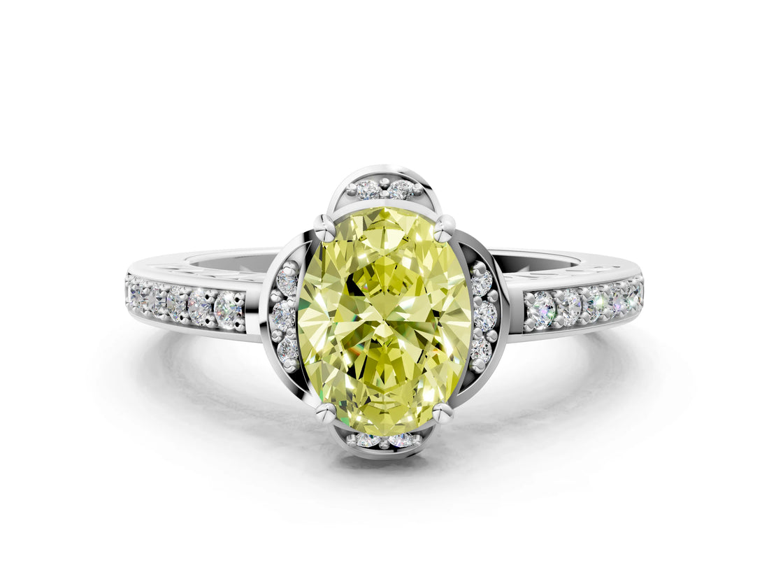 White gold Fancy Yellow Oval  Cut Halo Diamond Ring with Channel Set Band and Four-Prong Setting_32