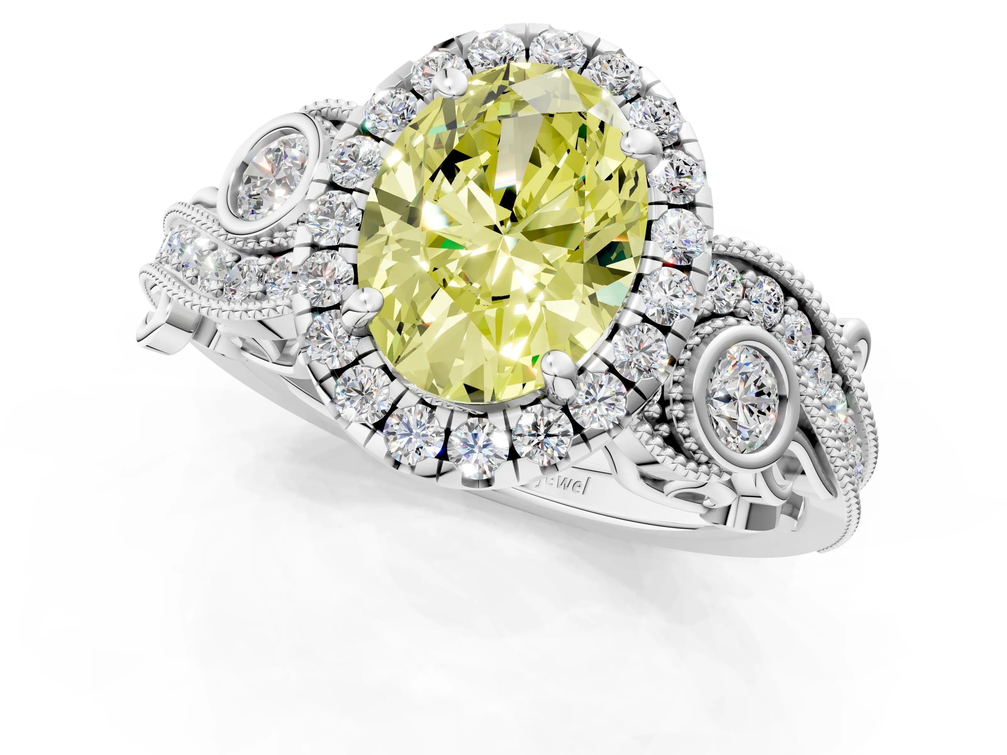 White gold Fancy Yellow Oval Cut Halo Diamond Ring with Milgrain and Bezel Accents on a Split Shank Band_1