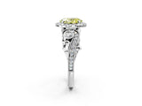 White gold Fancy Yellow Oval Cut Halo Diamond Ring with Milgrain and Bezel Accents on a Split Shank Band_2
