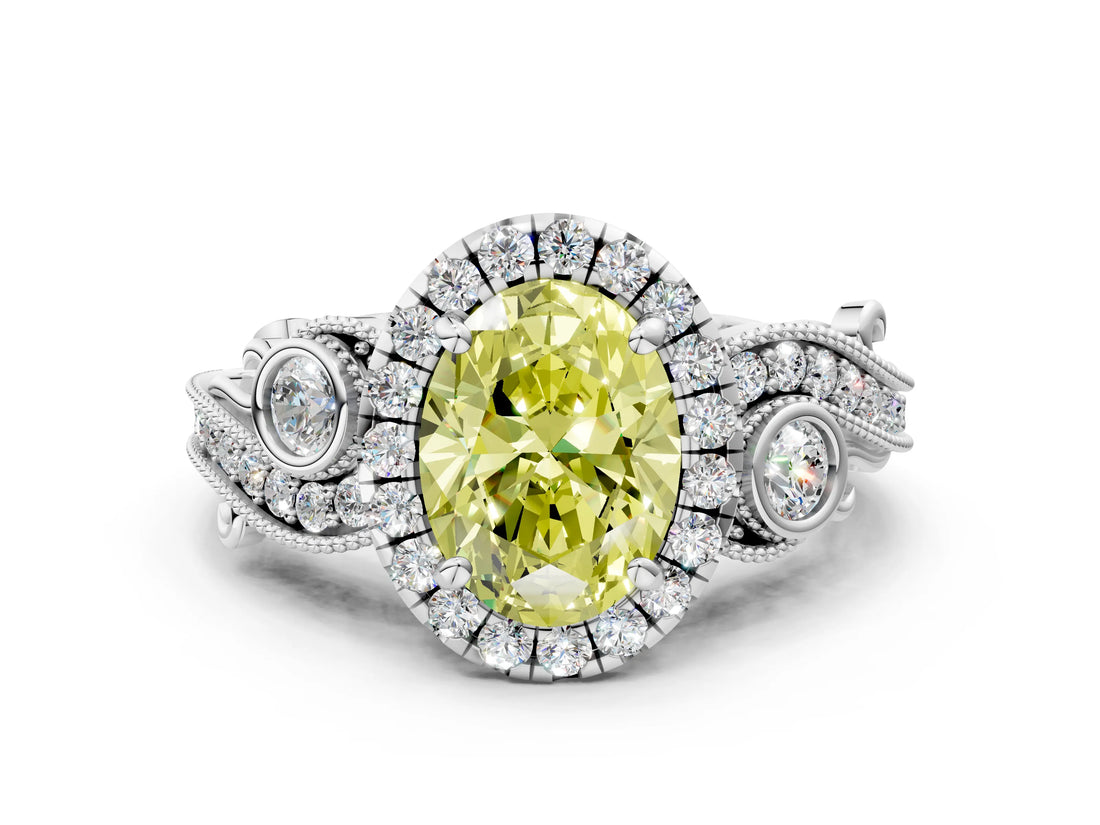 White gold Fancy Yellow Oval Cut Halo Diamond Ring with Milgrain and Bezel Accents on a Split Shank Band_24