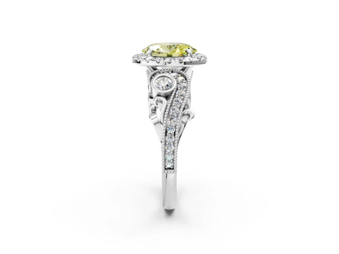 White gold Fancy Yellow Oval Cut Halo Diamond Ring with Milgrain and Bezel Accents on a Split Shank Band_2