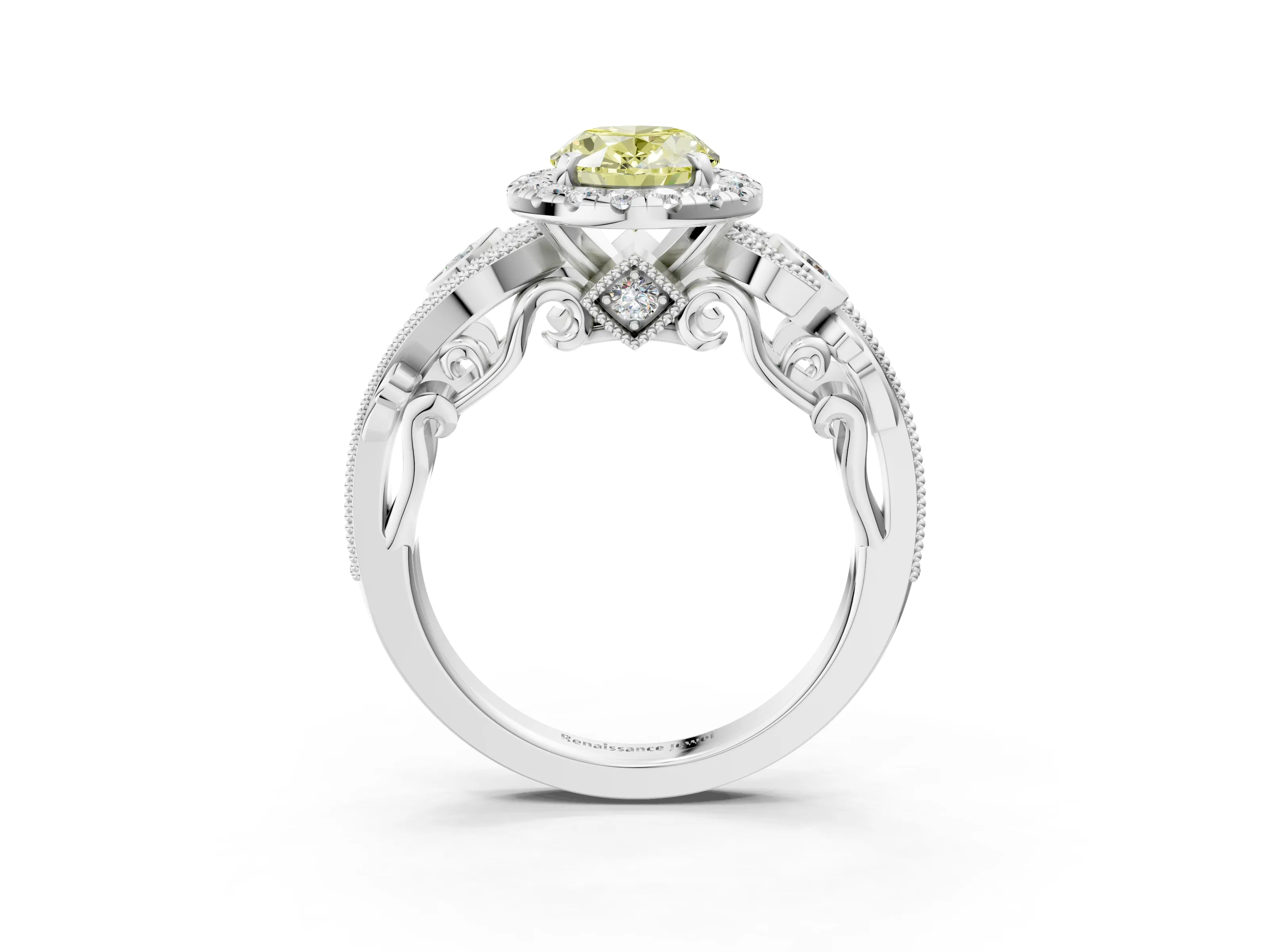 White gold Fancy Yellow Oval Cut Halo Diamond Ring with Milgrain and Bezel Accents on a Split Shank Band_3