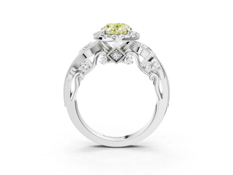 White gold Fancy Yellow Oval Cut Halo Diamond Ring with Milgrain and Bezel Accents on a Split Shank Band_3