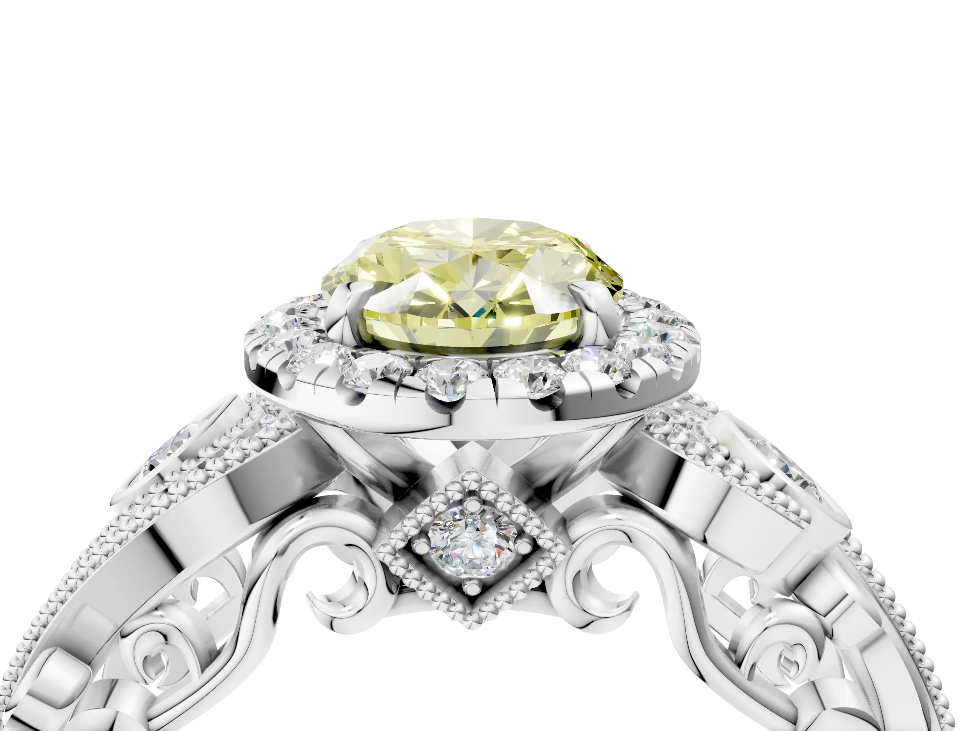 White gold Fancy Yellow Oval Cut Halo Diamond Ring with Milgrain and Bezel Accents on a Split Shank Band_4