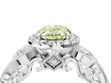 White gold Fancy Yellow Oval Cut Halo Diamond Ring with Milgrain and Bezel Accents on a Split Shank Band_4