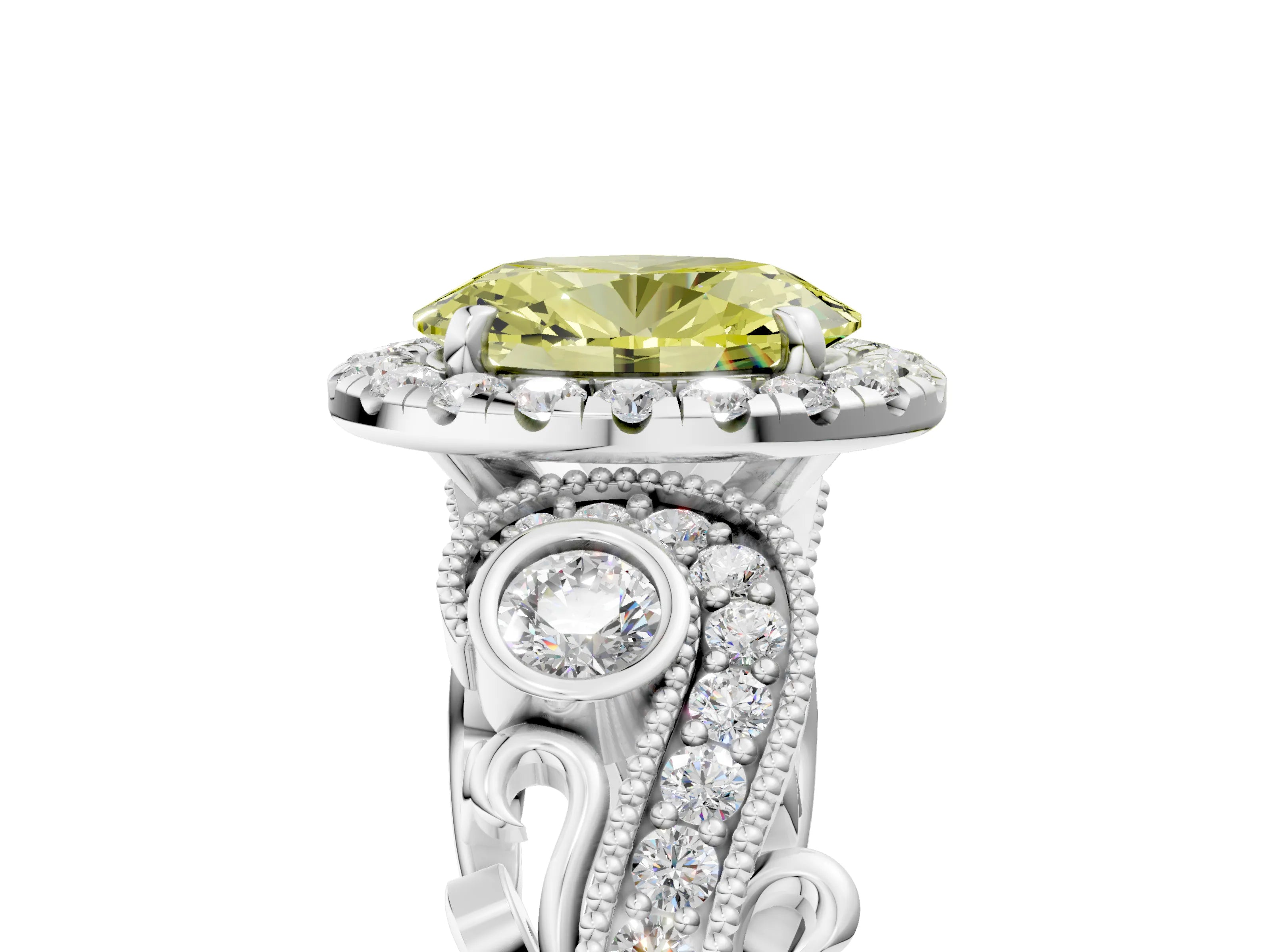 White gold Fancy Yellow Oval Cut Halo Diamond Ring with Milgrain and Bezel Accents on a Split Shank Band_5