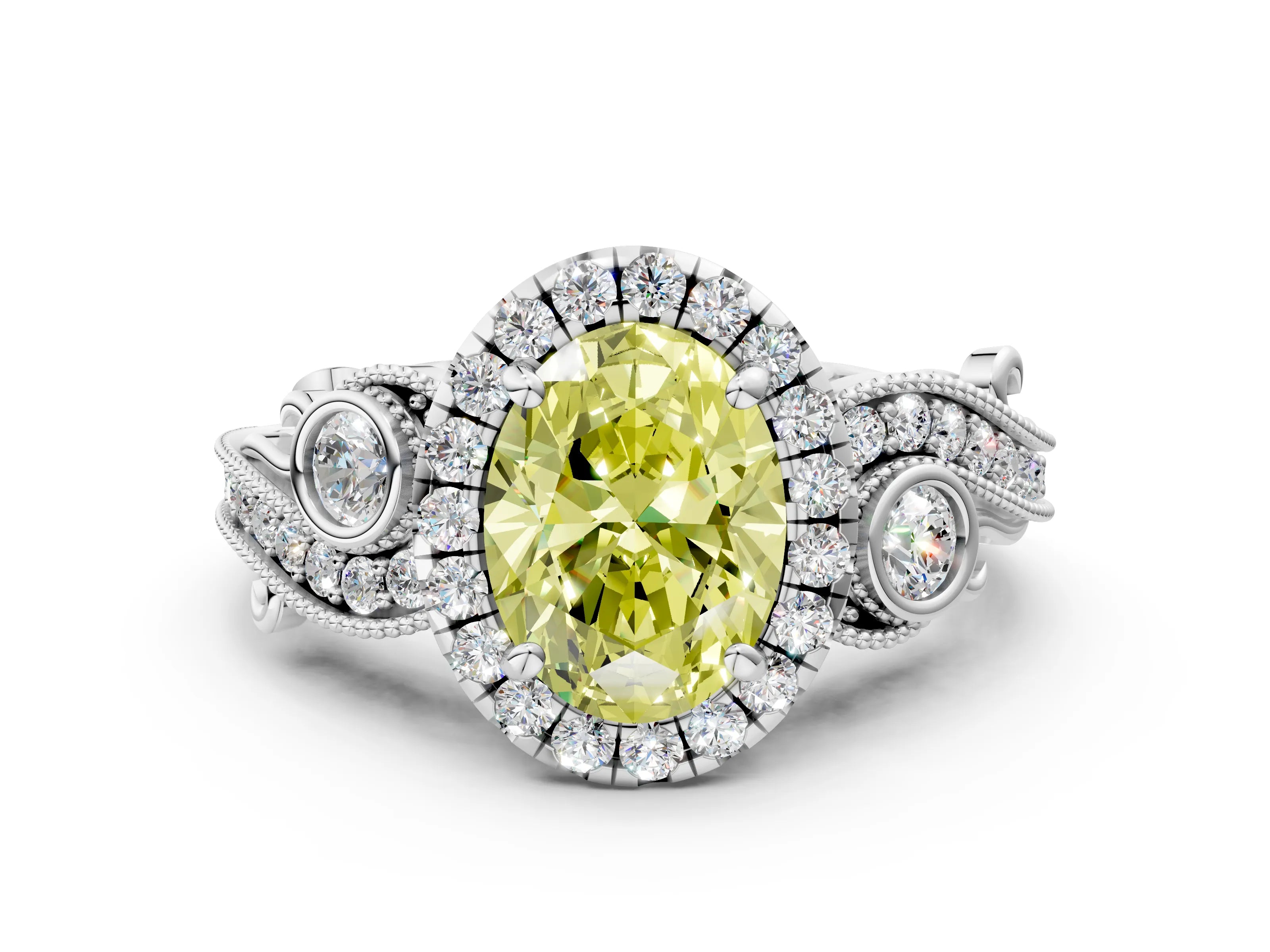 White gold Fancy Yellow Oval Cut Halo Diamond Ring with Milgrain and Bezel Accents on a Split Shank Band