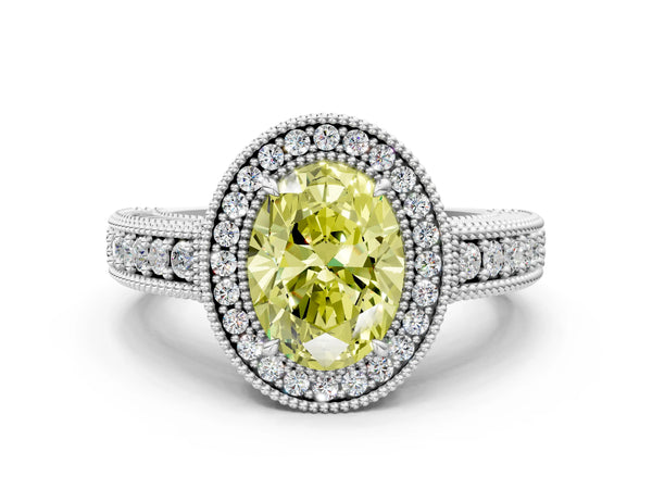 White gold Fancy Yellow Oval  Cut Halo Diamond Ring with Pavé Band and Four-Prong Setting