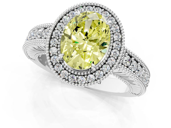 White gold Fancy Yellow Oval  Cut Halo Diamond Ring with Pavé Band and Four-Prong Setting