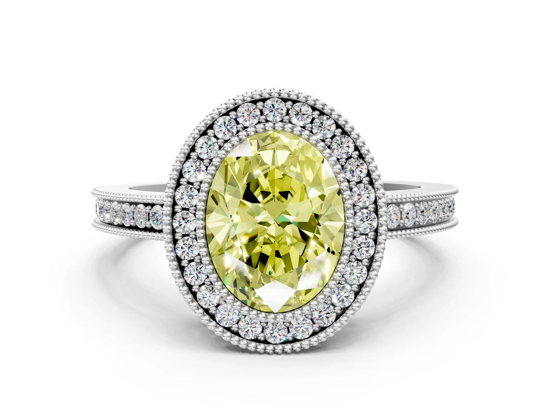 White gold Fancy Yellow Oval  Cut Halo Diamond Ring with Pavé Band and Milgrain Prong Setting_32
