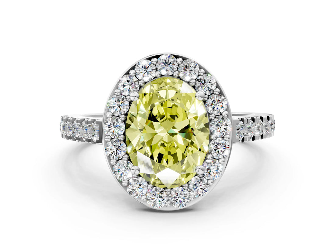 White gold Fancy Yellow Oval Cut Halo Diamond Ring with Pavé Band and Three-Prong Setting_24