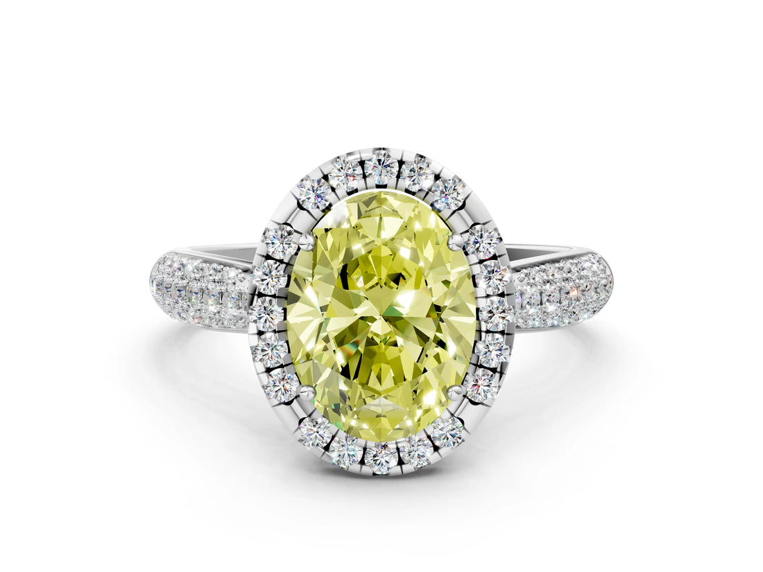 White gold Fancy Yellow Oval Cut Halo Diamond Ring with Pavé Band_24