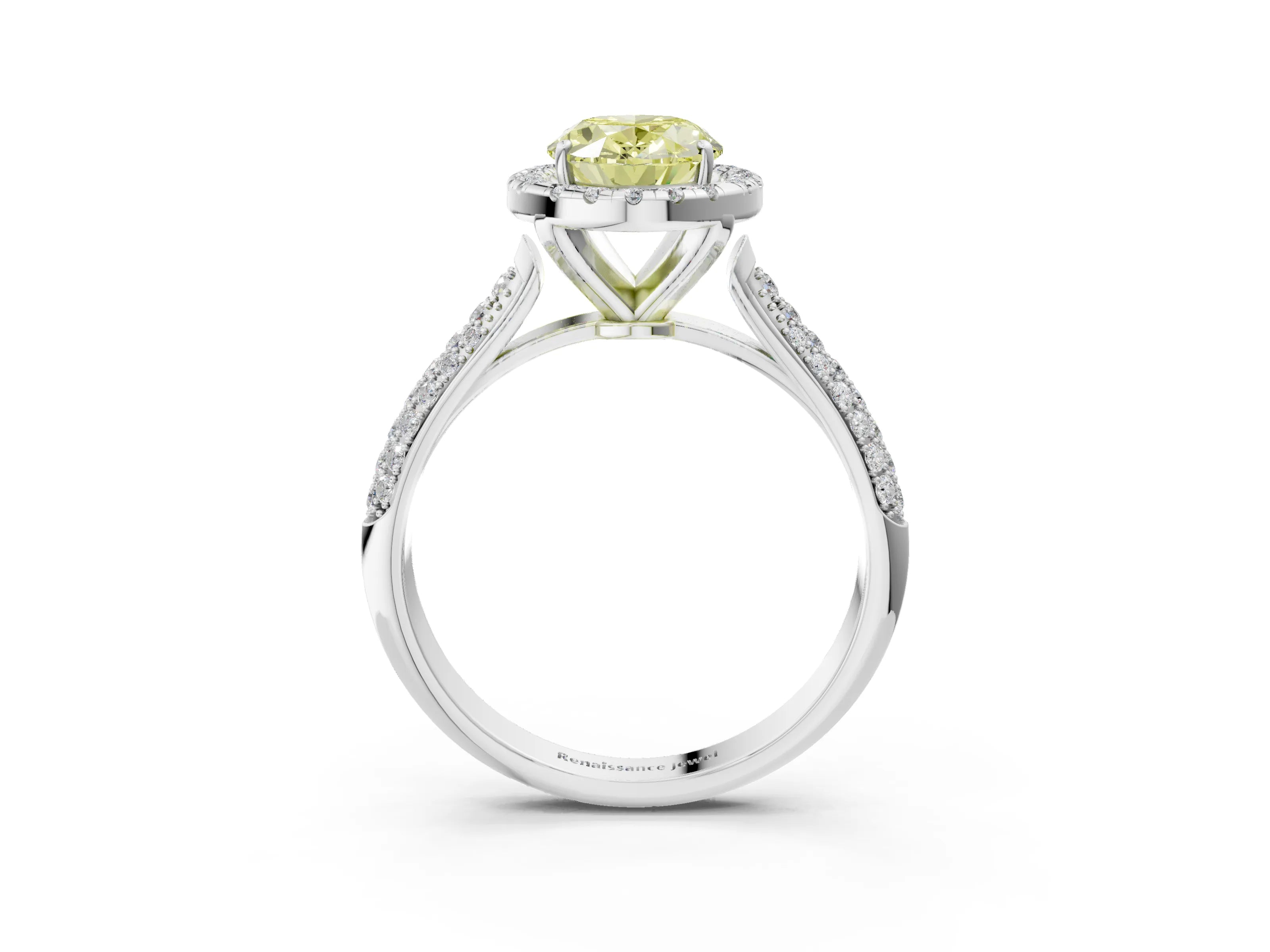 White gold Fancy Yellow Oval Cut Halo Diamond Ring with Pavé Band_27
