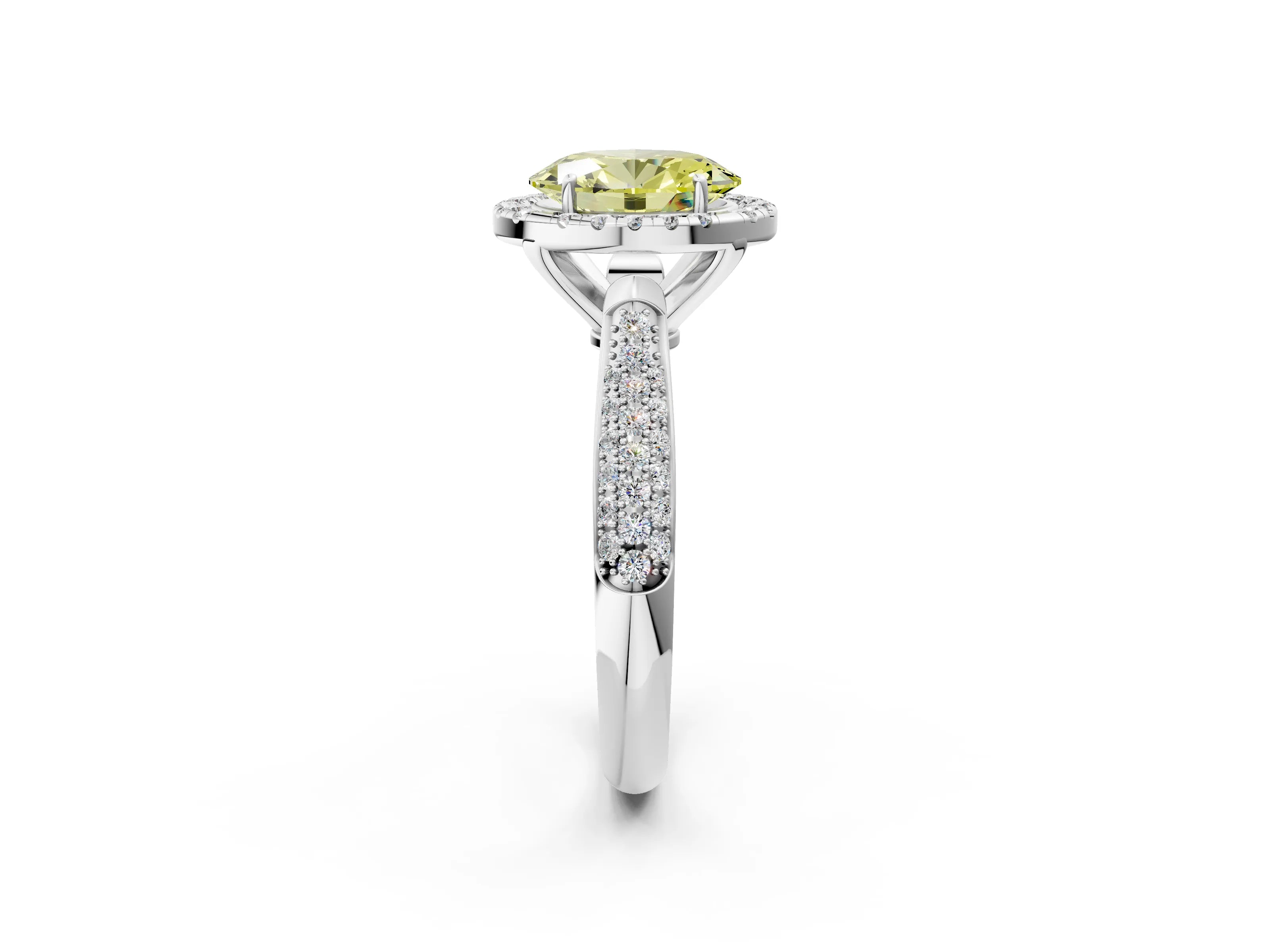 White gold Fancy Yellow Oval Cut Halo Diamond Ring with Pavé Band_2