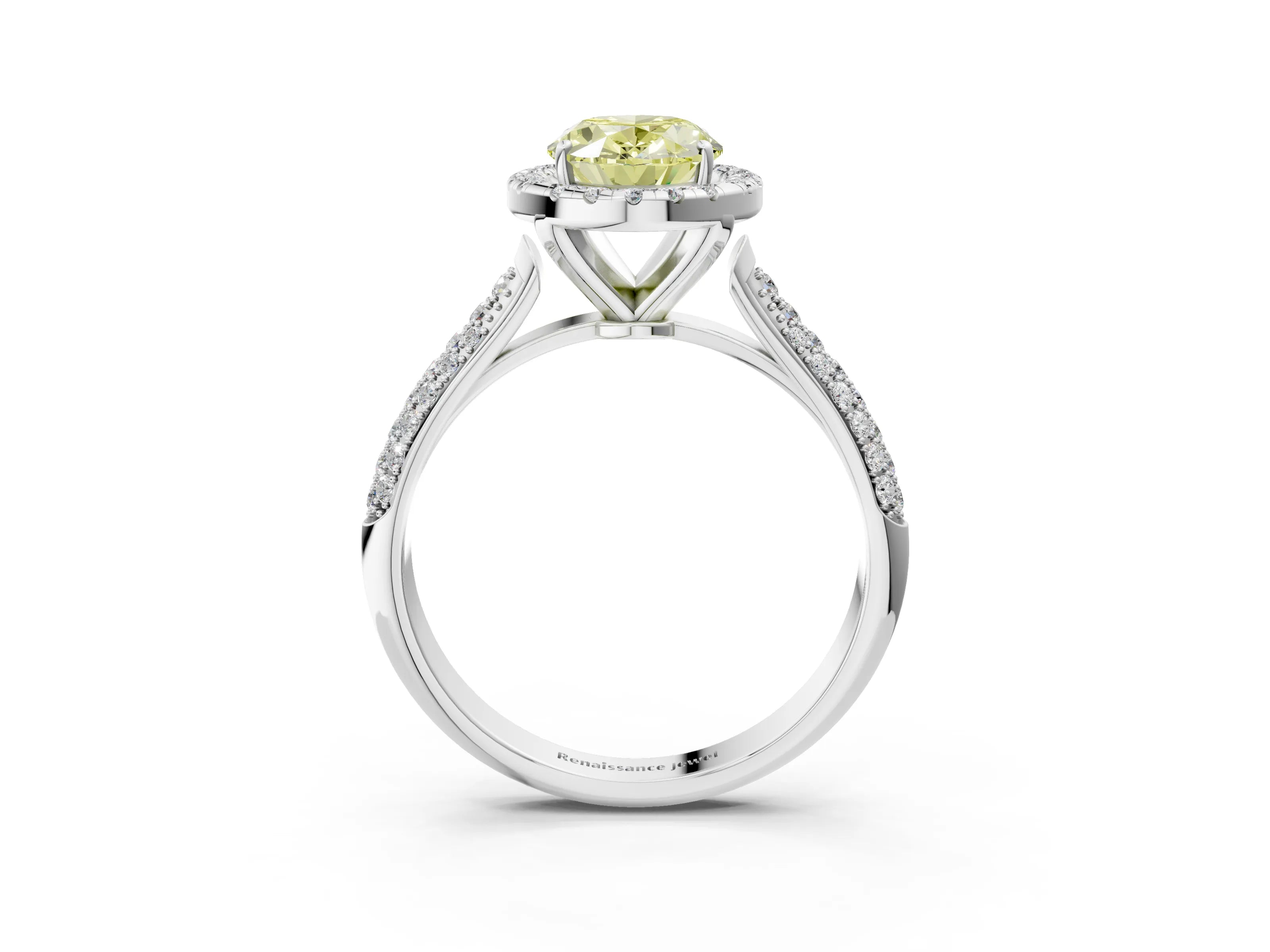 White gold Fancy Yellow Oval Cut Halo Diamond Ring with Pavé Band_3